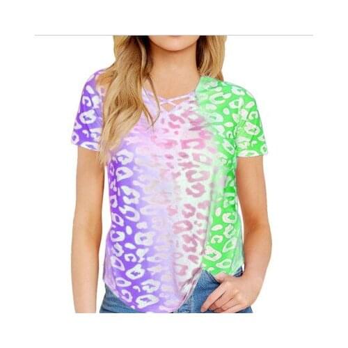Summer Womens T-Shirt Printed Rainbow Gradient V-Neck Cross Short Sleeve Casual Loose T-Shirt For Women