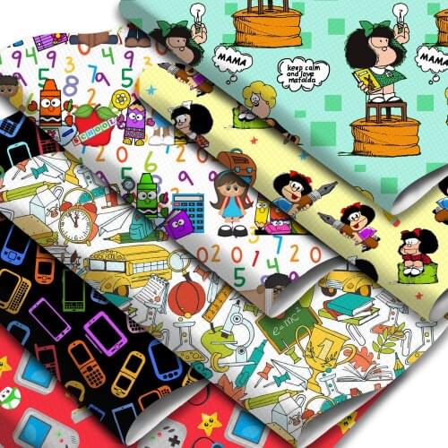 Back to School Faux Leather Sheets School Bus Schoolbag Game Cartoon Printed Synthetic Leather Fabric Roll for DIY Handmade