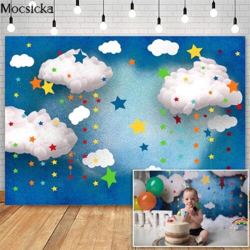 Mocsicka Boy 1st Birthday Backdrops for Photography Cake Smash Photographic Studio Photo Backgrounds White Clouds Stars Decor
