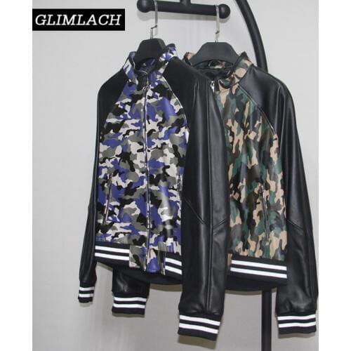 Fashion Women Camouflage Print Genuine Leather Aviator Bomber Jacket Slim Sheepskin Real Leather Jacket Coats Ladies Streetwear