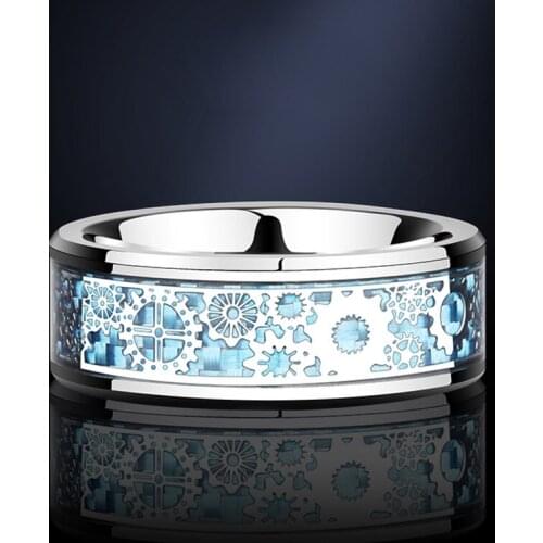 Custom Engraving Men Ring Mechanical Gear Wheel Stainless Steel Ring Beveled Edges With Blue Carbon Fiber Inlay Finger Jewelry