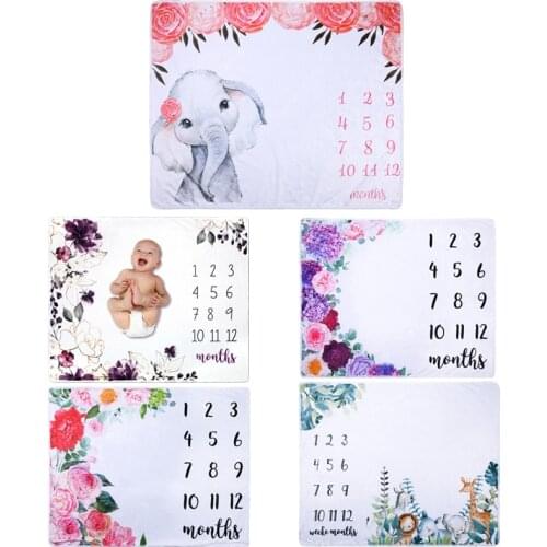 Soft Flannel Cartoon Elephant Baby Milestone Blanket Newborn Monthly Growth Background Cloth Photography Props Crawling Mat