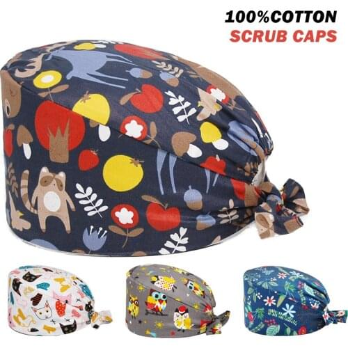 New Surgicals Hat Adjustable Pure Cotton Bears Printing Nursing Cap Clinic Pet Shop Beauty Salon Nurse Scrub Hat for Women Men