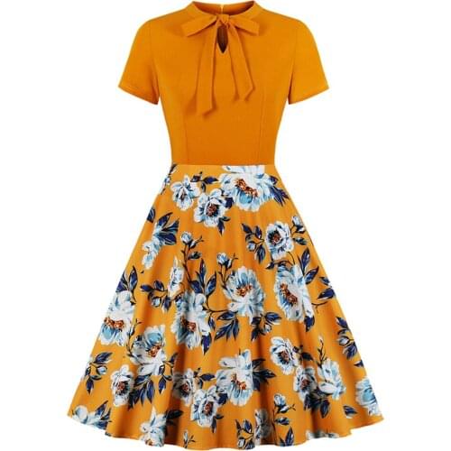 Orange Flower Dress Summer Bow Neck Short Sleeve Floral Print Casual Tunic Robe Femme Women A Line Vintage Retro Skater Dresses