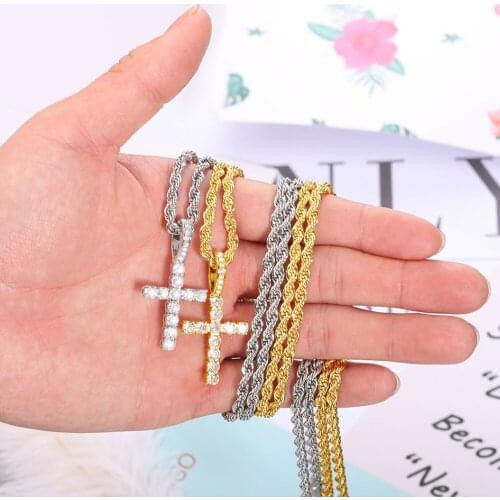 NEW Men Women Hip Hop Cross Pendant Necklace With 4mm Rope Chain Iced Out Bling Necklaces HipHop Jewelry Fashion Gift