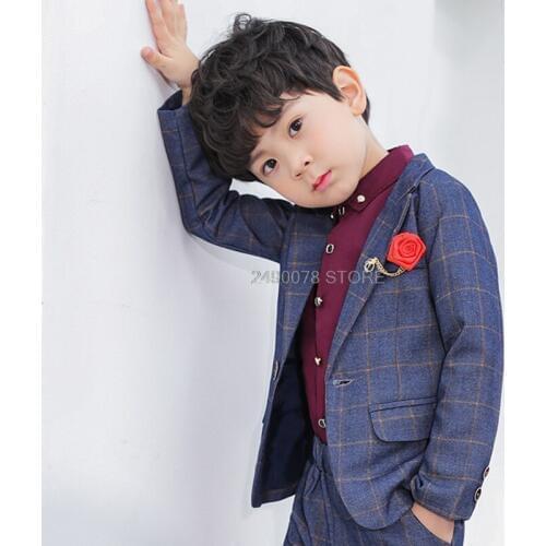 Kids Jacket Pants 2Pcs Clothing Set Flower Boys Plaid Wedding Suit Children Piano Show Performance Party Dress Costume