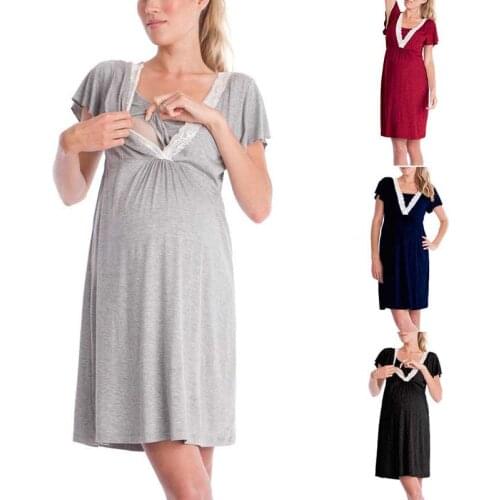 Fashion Multifunction Womens Mother Lace Pregnants Pajamas Short Sleeve Nursing Pregnant Pajamas Solid Color Dress Cozy