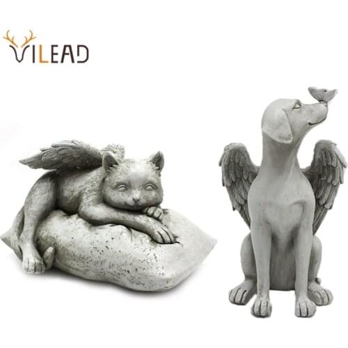 VILEAD 20cm Resin Cemetery Angel Wing Cat Dog Statue Memorial Pet Figurine Home Decor Garden Courtyard Ornaments Decoration Gift