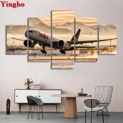Full square drill 5D Diy Diamond Painting Cross Stitch 5 pcs Airplane landscape Diamond Mosaic Full circle Diamond Embroidery