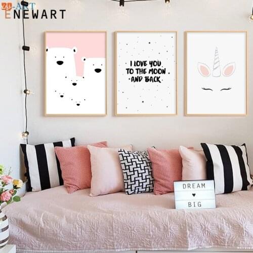 Baby Nursery Girl Wall Art Canvas Poster Pink Polar Unicorn Cartoon Animal Print Painting Nordic Child Bedroom Decor Picture