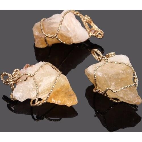 Gold Color Plated Handmade Wire Wrapped Quartz Stone Pendant Natural Citrines Yellow Crystal Nuggets Irregular Stone Pendants