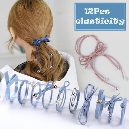 12 Pieces Ladies Korean Bowknot Pearl Hair Rope Hair Accessories Girl Ponytail Hair Ring Simple Rubber Band Head Rope Headwear