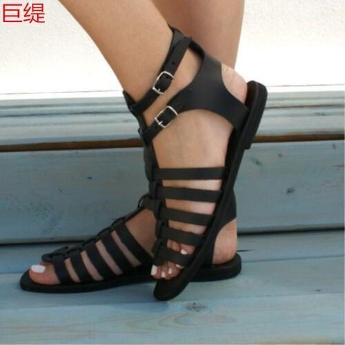 Summer Womens Sandals Flat complex Round head Sewing thread Cross strap Ankle strap Buckle Rome Style Cross Tied Woman shoes