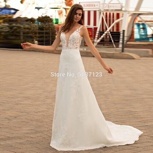 Sexy Deep V Neck Lace Appliques Boho A Line Wedding Dresses Off the Shoulder Open Back Sweep Train Bridal Gowns Robe de Mariee