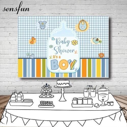 Sensfun Blue Boys Baby Shower Gender Reveal Backdrops For Photography Baby Bottle Backgrounds Photo Studio Customized