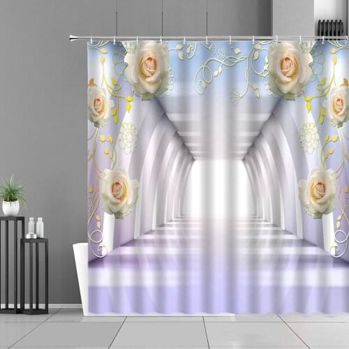 European Style Pink Rose Flower Plaid Shower Curtains 3D Floral Butterfly Plant Print Bathroom Curtain Pastoral Home Decor Cloth