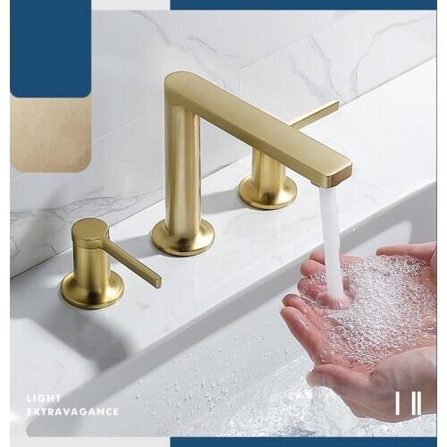 Light luxury Brushed gold Brass bathroom sink faucet three holes two handles cold hot water mixer basin faucet tap
