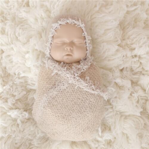 Knit Mohair Wrap Bonnet Set Photo Props Baby Lace Bonnet Outfit Photography Prop Newborn Stretch Wrap
