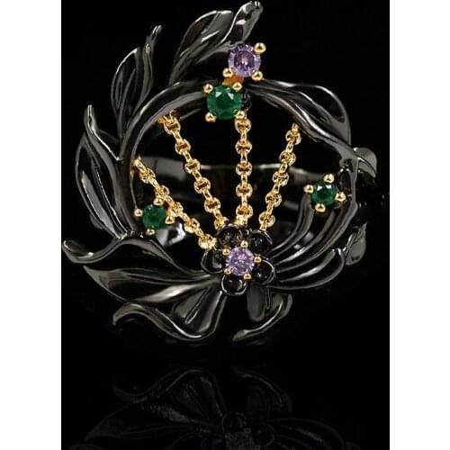 Unique shape new design silver inlaid colorful crystal geometric flower black ring neo-gothic exquisite ladies jewelry