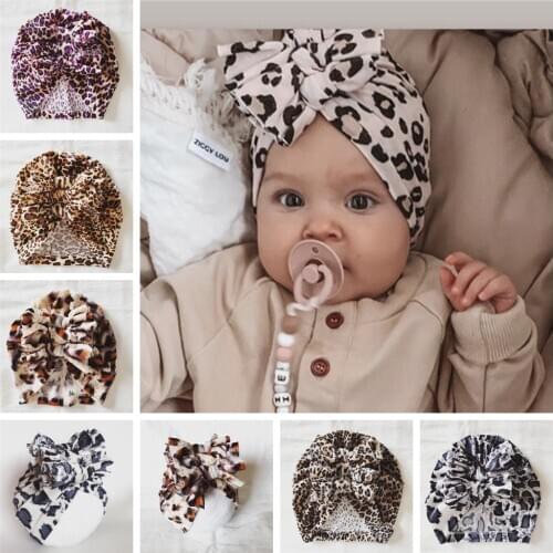 Yundfly Vintage Baby Girls Leopard Pattern Turnban Hat Newborn Handmade Three Folds Bowknot Beanies Cap Children Hat