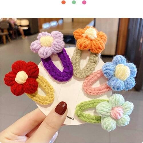 1PCS New Cute Girls Plush Hairpin Color Flowers Bb Clip Headdress Wool Hand-woven Bangs Hairpin Womens Hair Accessories