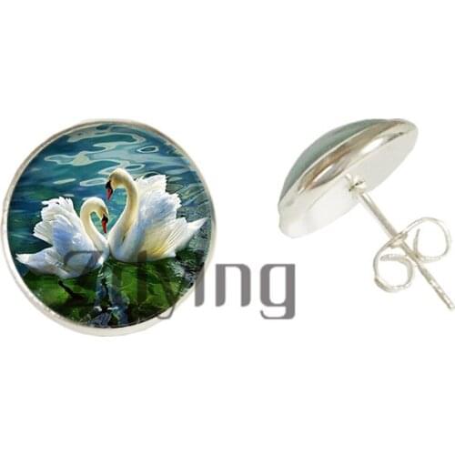 Zdying Fashion Animal Landscape Photo Glass Cabochon Stud Earring Silver-Plated Gold Color Alloy Earring Party Jewelry Z005