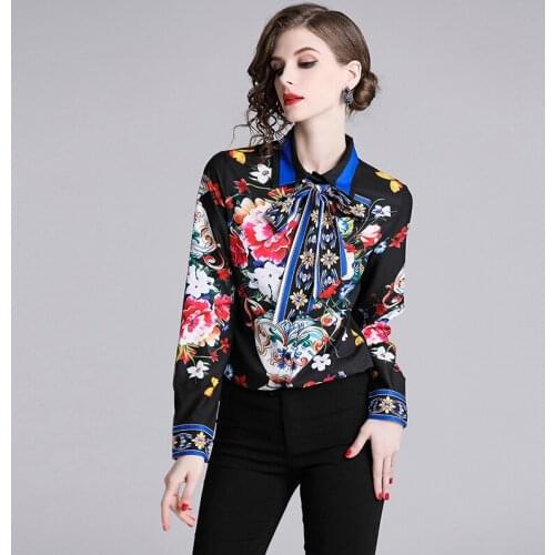 2021 Spring Summer Womens Blouse EEuropean Fashion Lapel Print Tie Bow Long Sleeve Blouse New Female Slim Tops X545