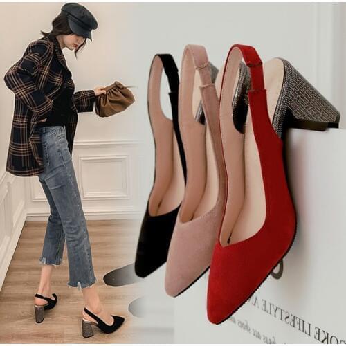 Pointed Toe High Thick Heels Wild Female Sandals Shoes Sexy High Heels Black Red Buckle Hollow Sandals Thick with Big Size 34-46