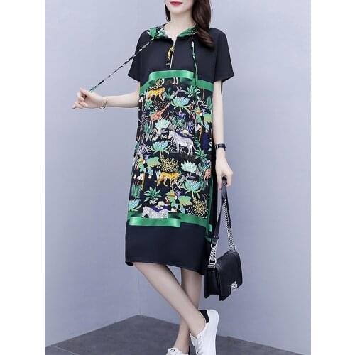 Plus Size Women Summer Hoody Dresses Lady Short Sleeve Animal Print Dresses Plus Size Woman Hoodied Dress