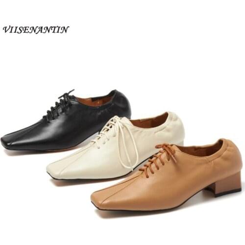 Retro Square Toe Lace-up Shoes Womens Autumn New Style Solid Color Cowhide Thick-heeled Low-top Womens Deep-mouth Shoes