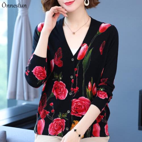 Floral Print Female Cardigan Autumn Spring Knitted Sweaters Women Korean Fashion Long Sleeve Top Soft Cardigans Women