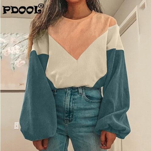 Contrast Color Sweater Womens Autumn and Winter Corduroy 2021 European and American New Lantern Sleeve Round Neck Casual Top
