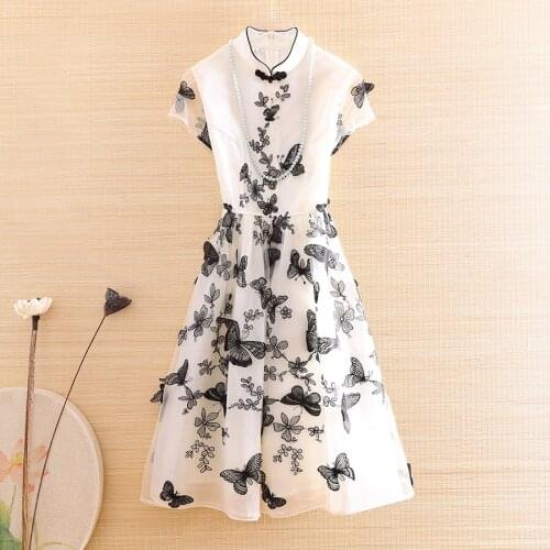 Chinese Style Women Organza Cheongsam Dress Retro Embroidery Three-dimensional Butterfly Elegant Lady Party Qiapao Dress S-XXL