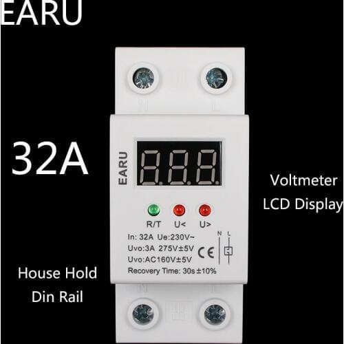 1 pc 32A 220V Self Recovery Automatic Reconnect Over & Under Voltage Protector Lightening Protection Relay LCD Voltmeter Monitor