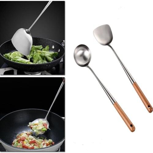 1Pcs Stainless Steel Chinese Wok Spatula Stir frying Spoon Porridge Soup Spoon Anti hot wooden handle Kitchen Cooking Tool