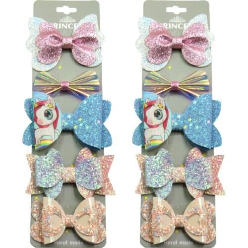 10PCS/SET Lovely Blue Unicorn Baby Girls Clip Leather Bows Child Tie Knot Creativity Handmade Hairpins Hair Accessories For Kids