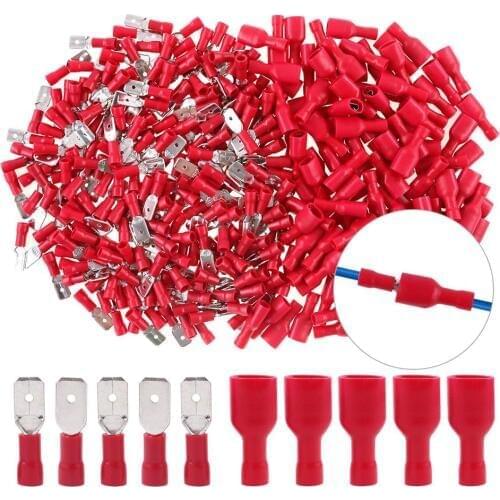 100pcs FDD 1.25-250 MDD1.25-250 6.3mm Red Female + Male Spade Insulated Electrical Crimp Terminal Connectors Wiring Cable Plug