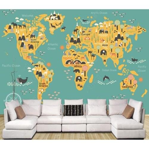 Papel de parede Cartoon children world map childrens room 3D wallpaper mural,living room home decor