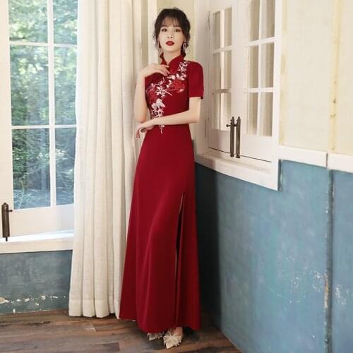 Special Occasion Dresses Vintage High Short Embroidery Button Luxury Burgundy Jersey A-Line Floor-Length Women Prom Gown E853