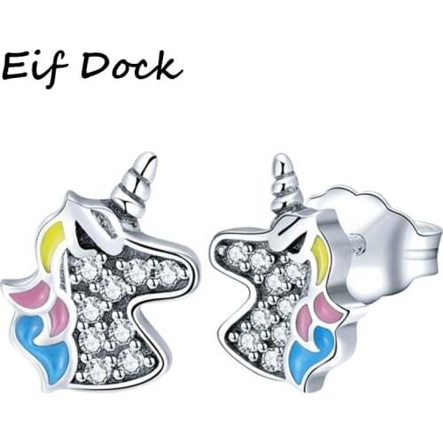 Eif Dock Hot Fashion 2021 Silver Color Sparking Licorne Unicorn Stud Earrings for Women & Girls Engagement Party Jewelry Gift