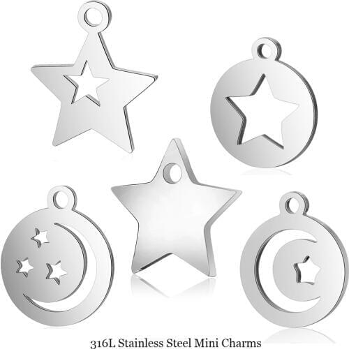 Fnixtar 50pcs/lot Wholesale Excellent Quality Handmade Charms Stainless Steel Star Round Mini Charms Pendants For Women Jewelry