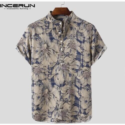 INCERUN Mens Printed Camisa Masculina Summer Hawaiian Blouse Men Vintage Shirts Short Sleeve Lapel Camisa Casual Buttons Blusas