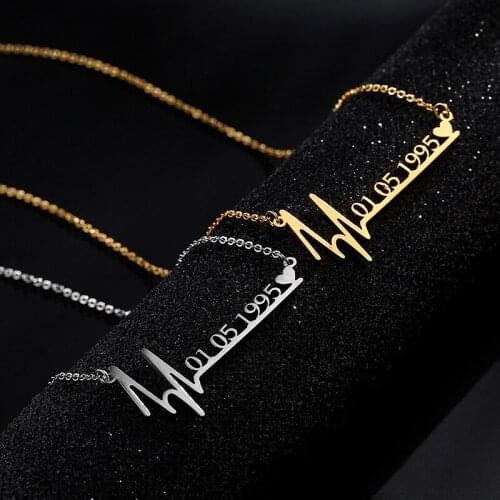 Personalized Stainless Steel Heartbeat Pendant Necklace Custom Name Date Couple Necklace for Women