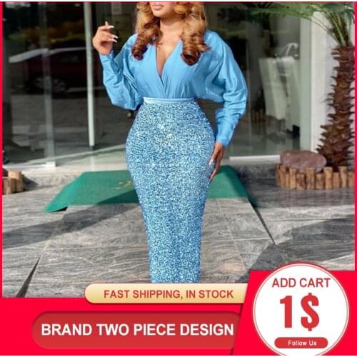 INS Super Hot blue evening sequin dress sexy v neck long sleeve womens luxury glitter prom formal maxi party dress plus size