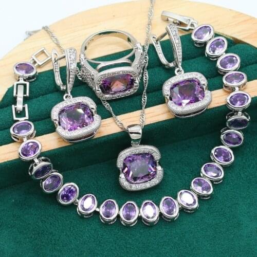 Classic 925 Silver Jewelry Set For Women Purple Crystal Earrings Necklace Pendant Ring Wedding Bracelet Bride Christmas Gift