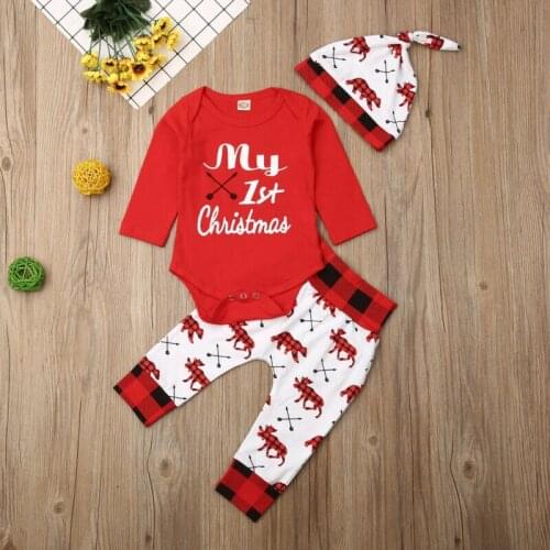 New Lovely Baby Boy My First Christmas Letter Romper Kids Pant Newborn Hat Boys Outfits Girl Xmas Set Autumn Clothing 2PCS Set
