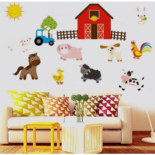 Cartoon Farm Wall Stickers Colorful House Kids Baby Bedroom Living Room Decor Cute Tiger Lion Rabbit Animal Decals Room Decor