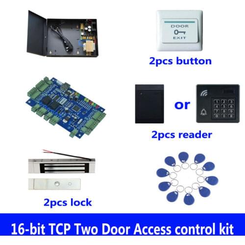 RFID access kit,TCP two door access control+powercase+180kg magnetic lock+ID reader+exit button+10 ID tags,sn:kit-B203