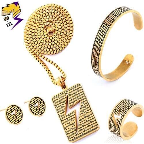 Hiphop Ice out Jewelry Sets Men Gold Color Stainless Steel Graffiti Wall Lightning Necklace Ring Bangle Stud Earrings Set Female