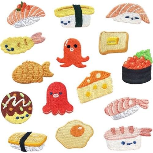 Food Patches Cartoon Sushi Iron Ons Salmon Appliques for Clothing Japanese Cuisine Small Embroidered Patches DIY Sewing Patterns